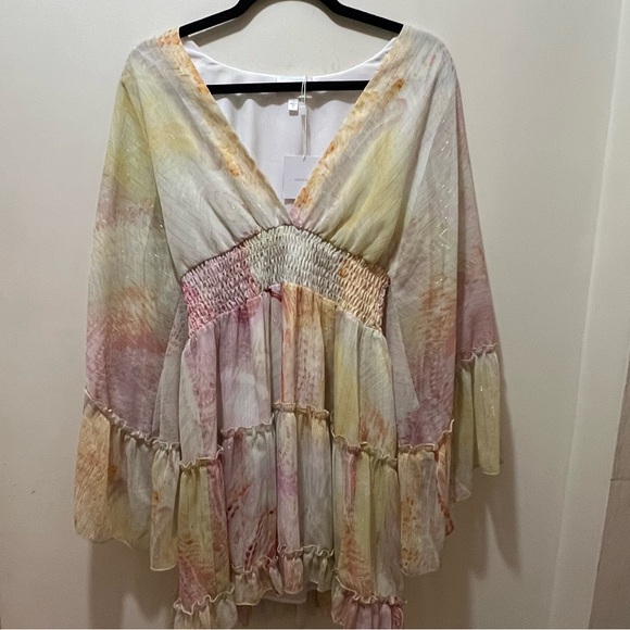 Lavender Brown mini dress V-neckline bell sleeves
tiered skirt pastel large NWT - Picture 3 of 10